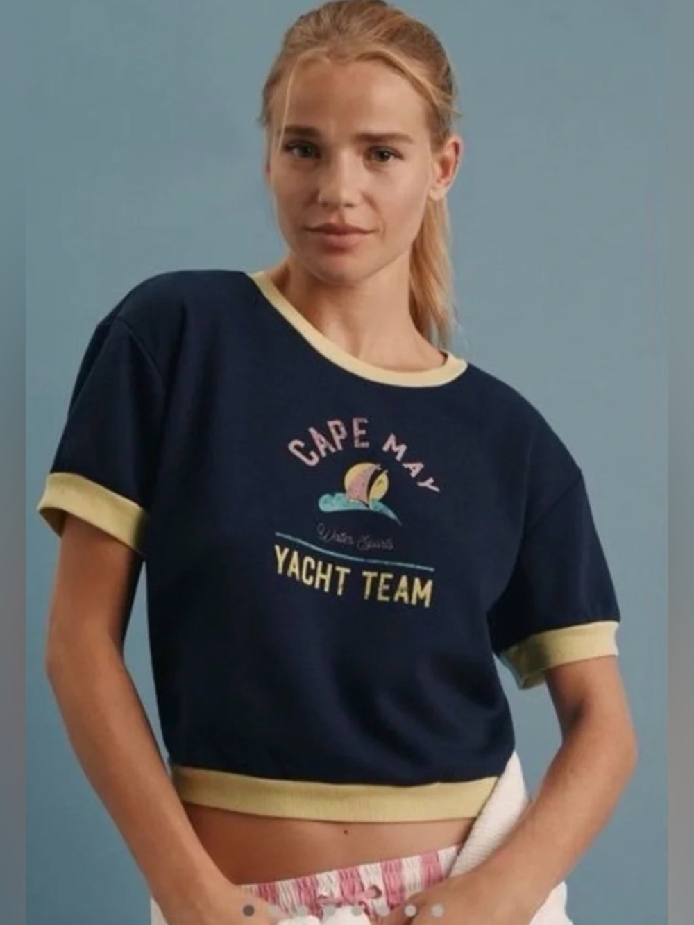 Daily Practice Anthropologie Cape May Yacht Team Cropped Tee in Navy Size XL NWT